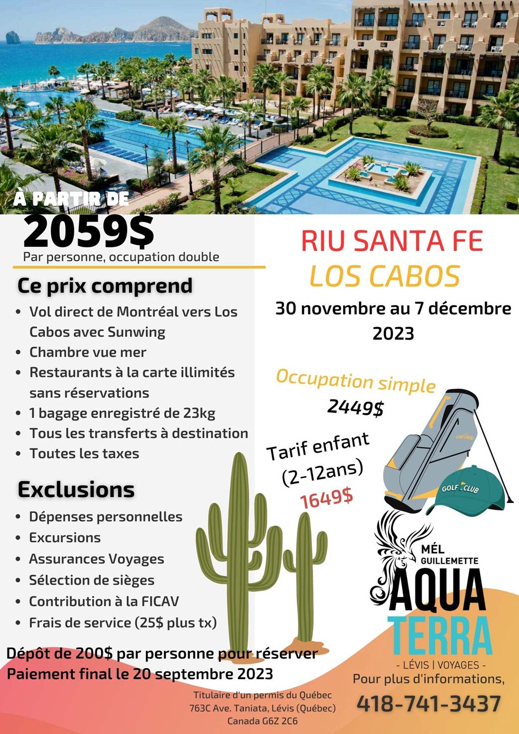 Voyage au Riu Santa Fe de Los Cabos du 30 novembre au 7 décembre 2023