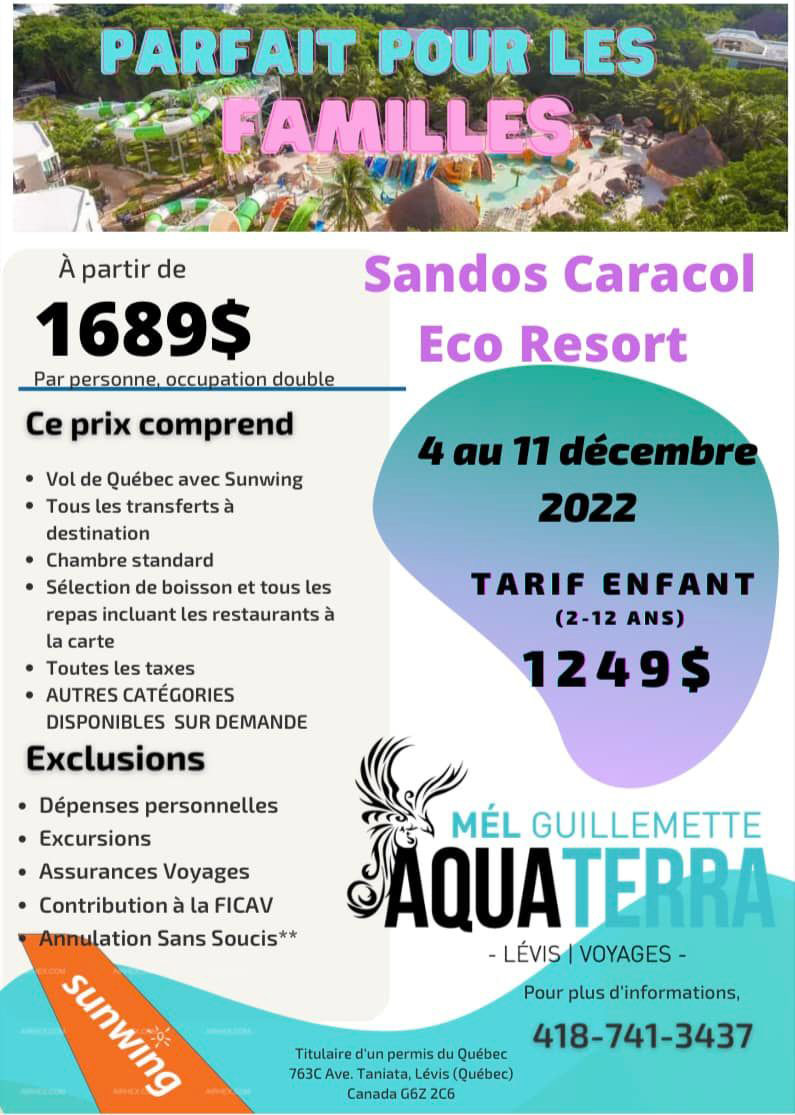 Voyage parfait pour la famille au Sandos Carasol Eco Resort situé à Playa del Carmen au Mexique du 4 au 11 décembre 2022