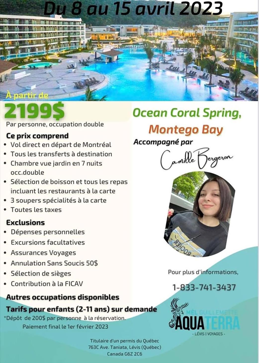 Voyage au Ocean Coral Spring, Montego Bay du 8 au 15 avril 2023
