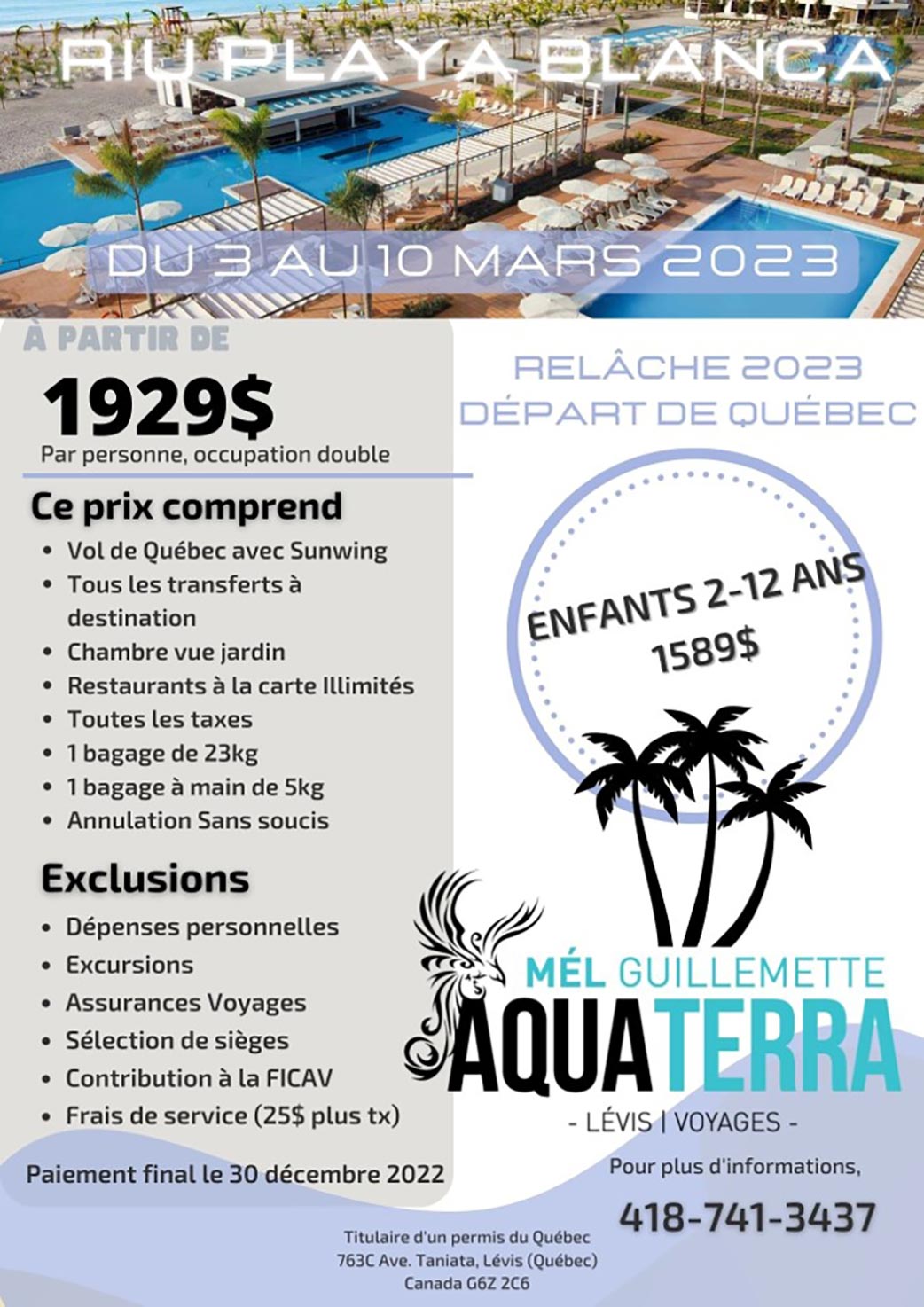 Voyage au Riu Playa Blanca du 3 au 10 mars 2023