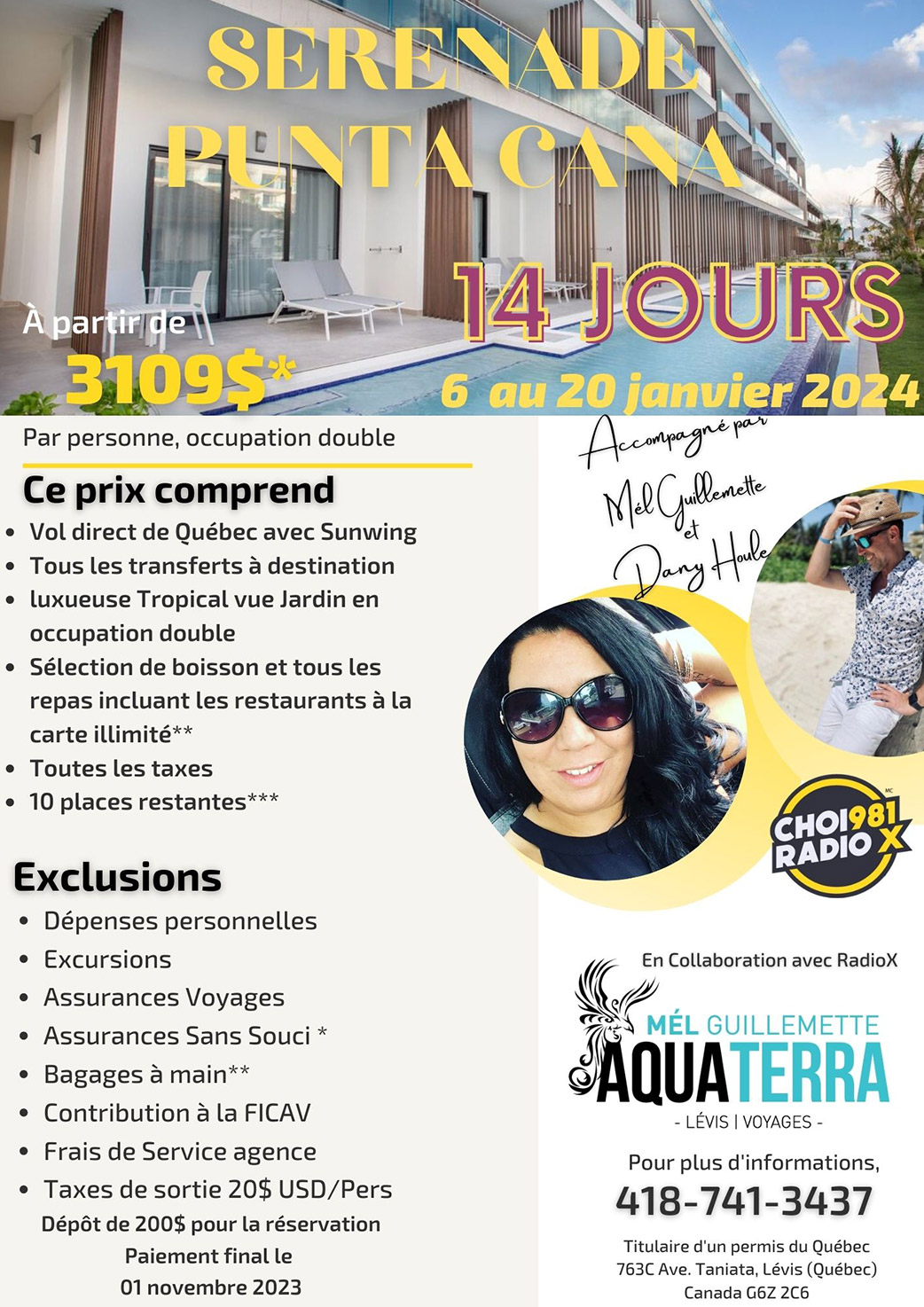 Voyage au Serenade Punta Cana Resort du 6 au 20 janvier 2024